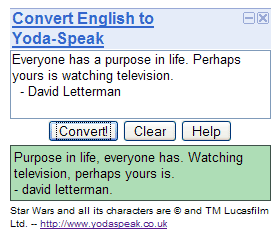 Convert English to Yoda-Speak Gadget -screenshot Convert English to Yoda-Speak Google Gadget Screenshot Funandgames